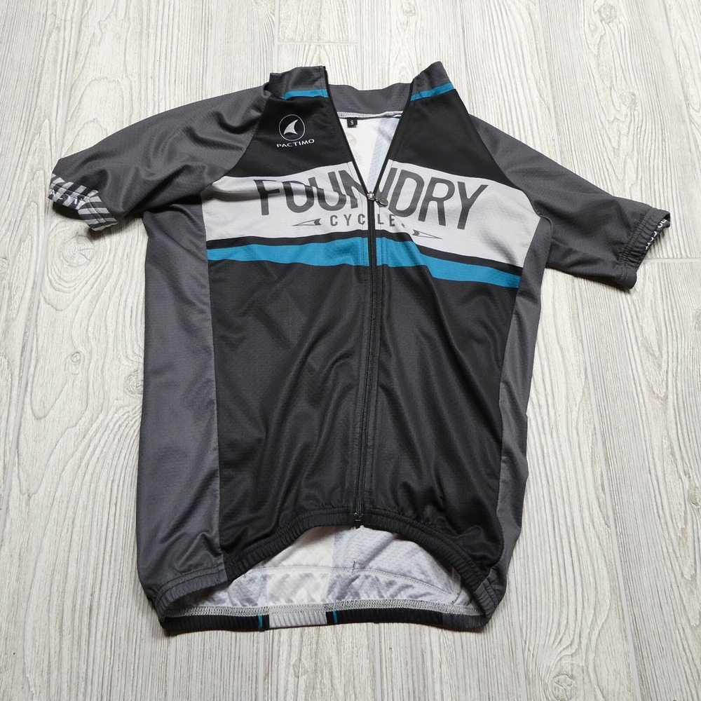 PACTIMO Cycling Jersey Size Small Full Zip Foundry Cycles Black Gray Blue Biking